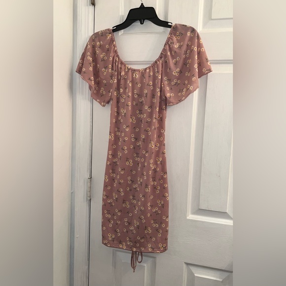 Size small purple daisy floral flower print vneck ruffle cinch dress - Picture 3 of 5